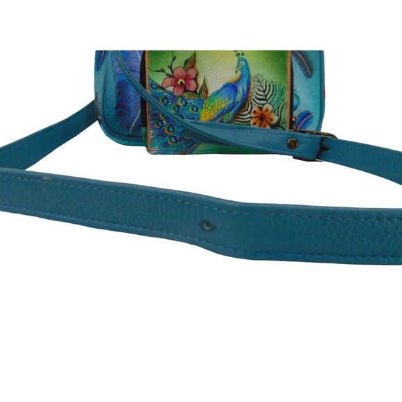 Anuschka Leather Crossbody Purse Wallet Teal Blue Feather Peacock Hand Painted - Picture 15 of 16